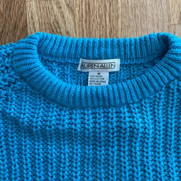 LAUREN ALLEN PEACOCK BLUE WOMENS CREWNECK CABLE KNIT VINTAGE SWEATER SZ MED NWT - Picture 4 of 11